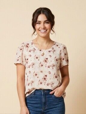 DE Collection Beige Floral Short Sleeve Top